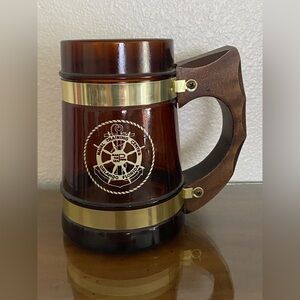 Siesta Ware Brown Barrel Glass Mug Wood Handle Brass Trim -US Naval Training